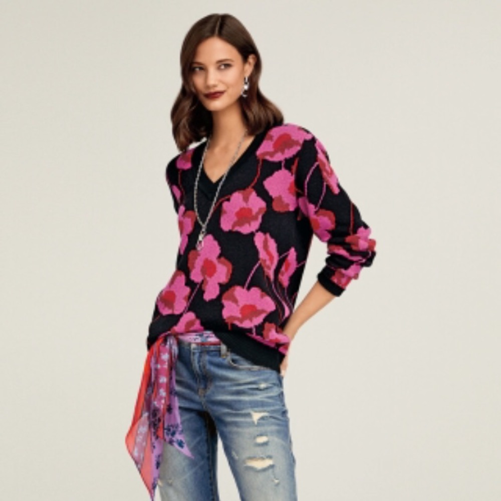 CAbi Sweater with Pink Floral Print
